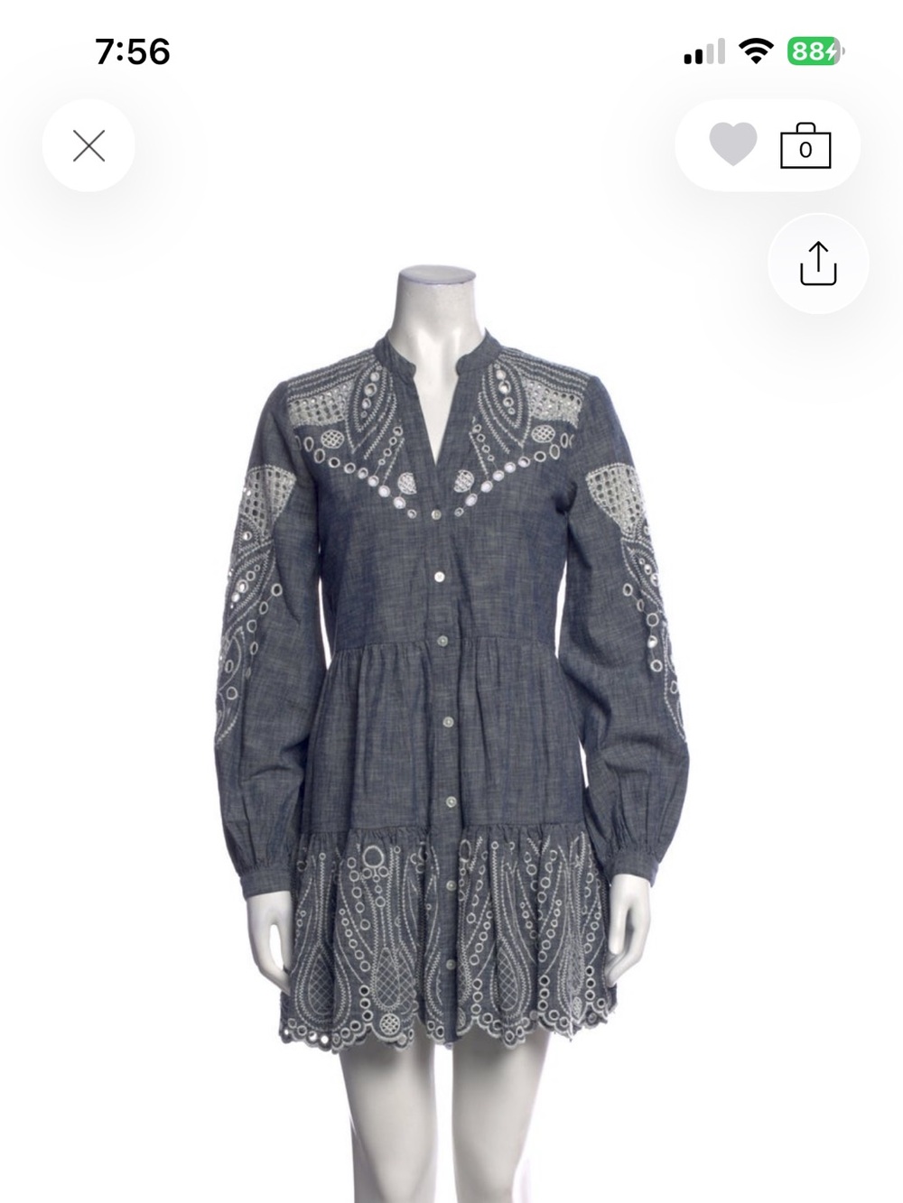 Veronica Beard Dark Blue Embroidered Chambray Mini Dress